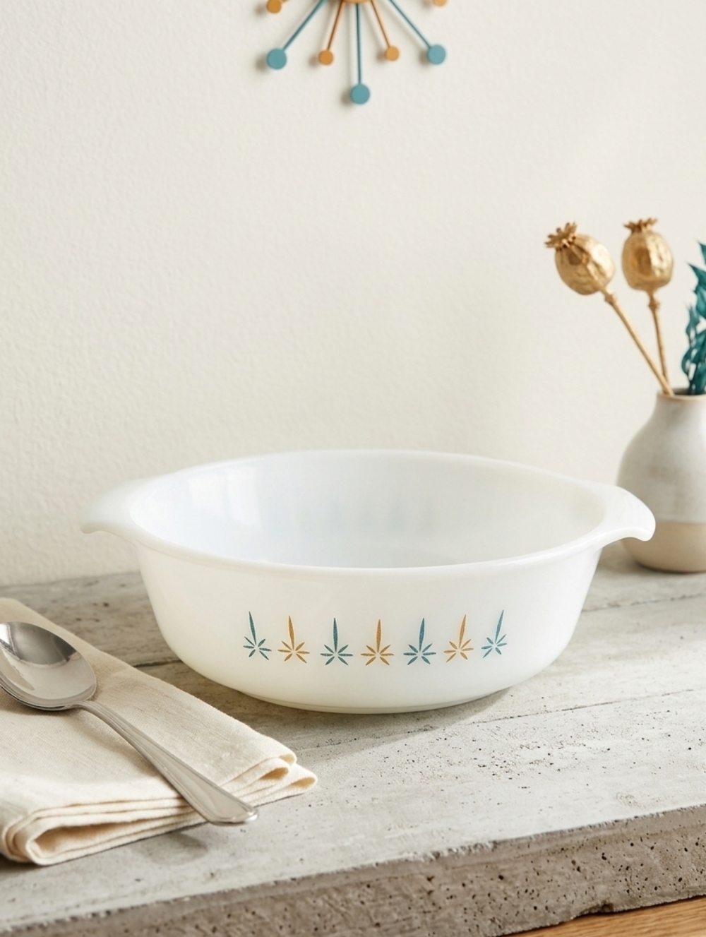 Fire-King Candle Glow Starburst MCM Milk Glass Casserole Dish 1.5 QT Model 437